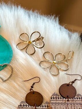 Summer Boho Chic- Gold Flower Drop Earrings with Yellow Center
